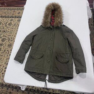 COFFEESHOP Green Cotton Coat with Fur & Flannel Hood Size Large